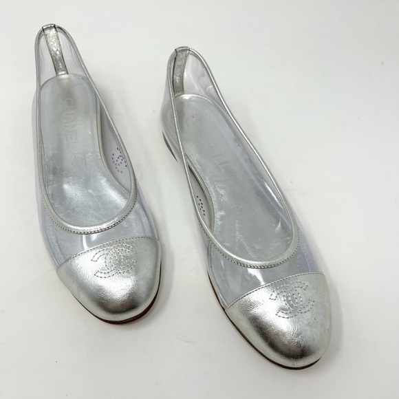Chanel Interlocking CC Logo Silver Ballet Flat Cap Toe PVC Flat Size 36.5 EU - Picture 4 of 7